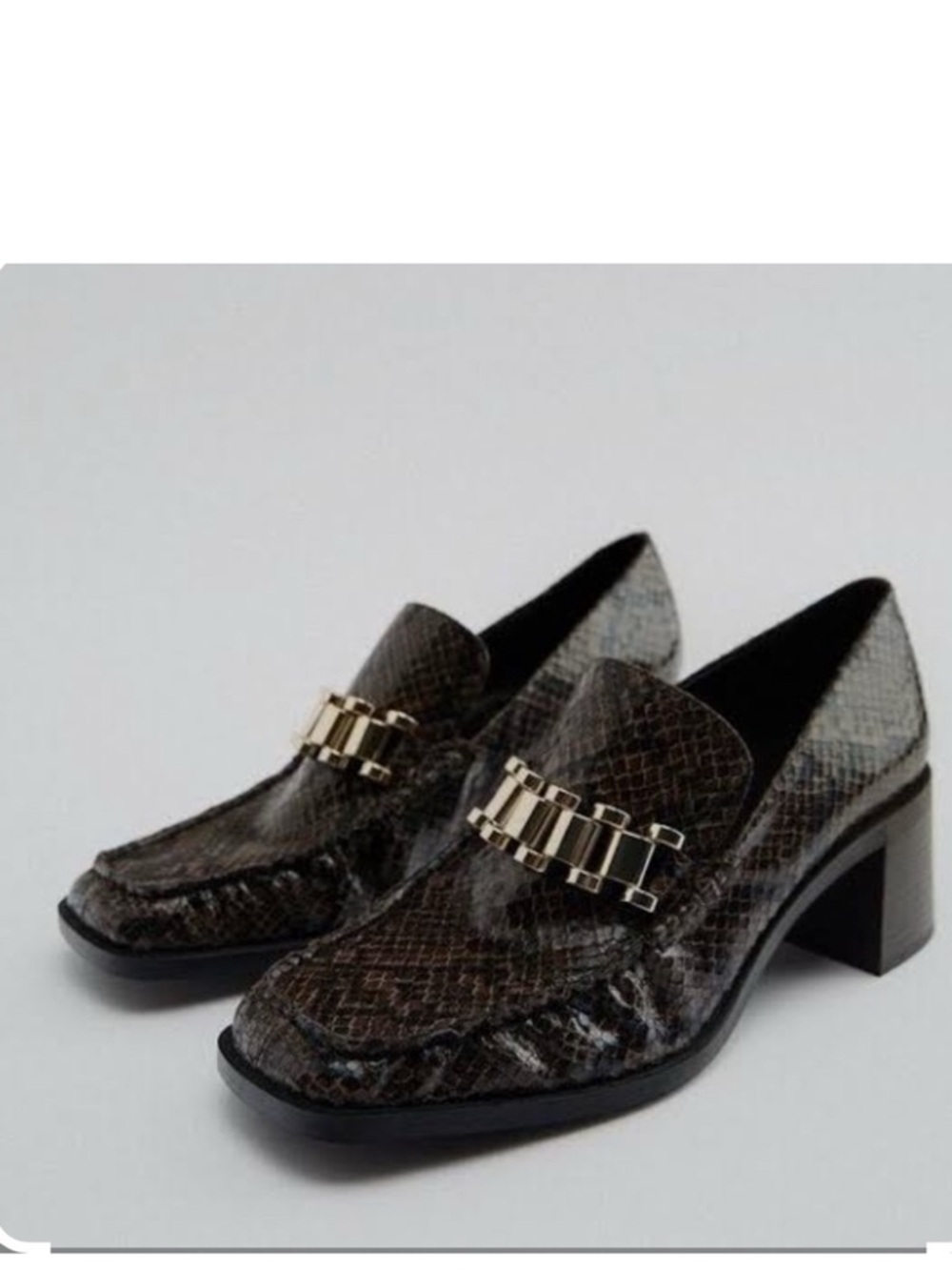 Women's Brown Snake-Embossed Leather Heeled Loafers with Gold Accent